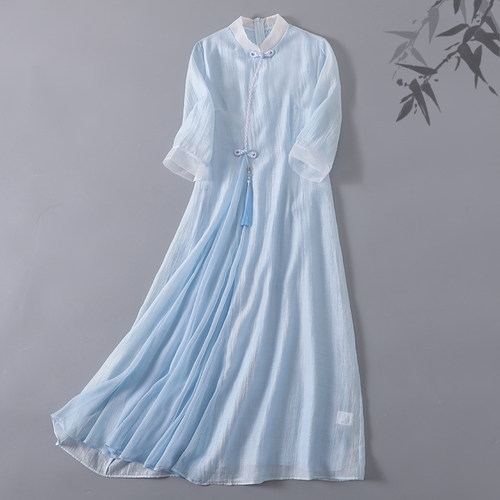 新中式天丝连衣裙纯色年轻款茶服