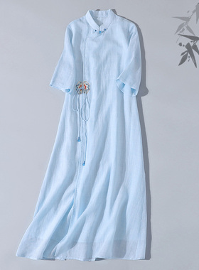 中国风春夏新款中式复古立领绣花浅蓝色禅意茶服长裙纯苎麻连衣裙