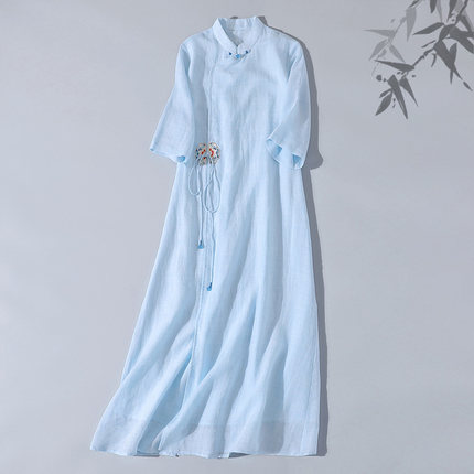 中国风春夏新款中式复古立领绣花浅蓝色禅意茶服长裙纯苎麻连衣裙