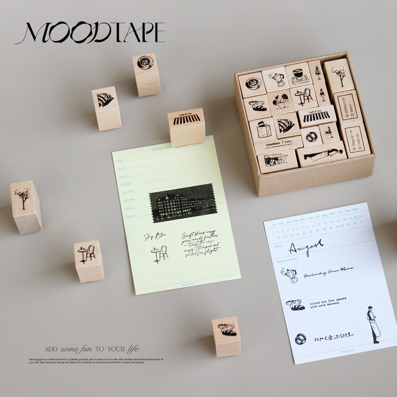 moodtape.Cafe原创手帐方盒木质印章橡皮章文字套装mood文具印章