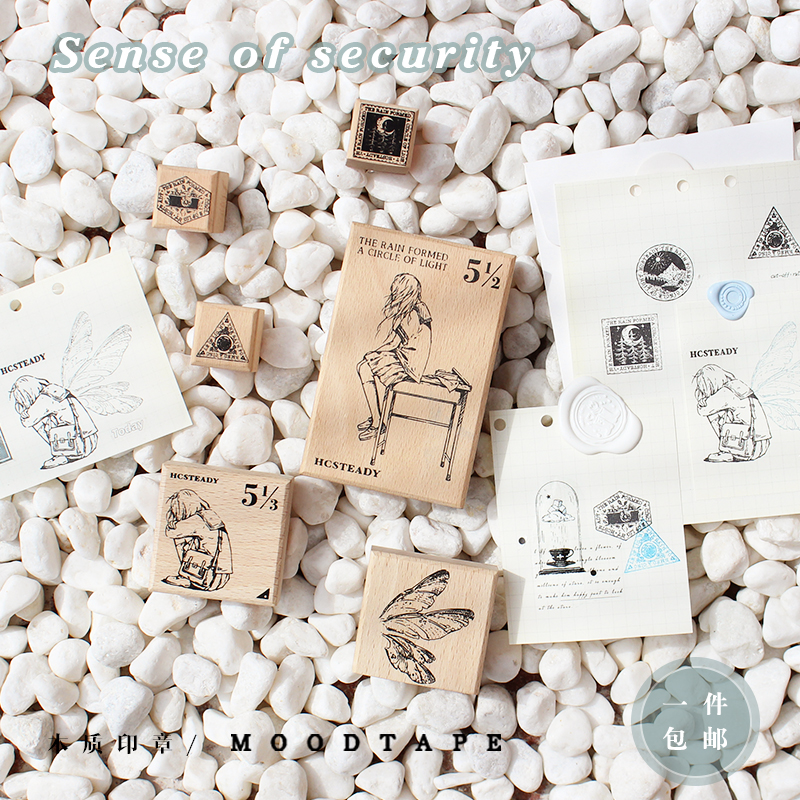 moodtape安全感 jk少女翅膀树脂木质印章手工帐素材mood手帐印章