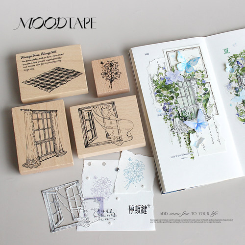 moodtape.窗户外花朵野餐手帐木质印章可爱手帐拼贴素材mood装饰