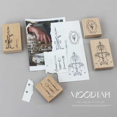moodtape.喷泉盘叉子蜡烛原创木质印章橡胶皮章文具mood可爱手帐