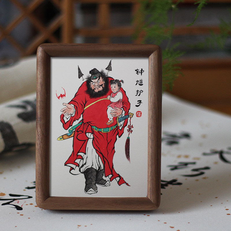 原创手绘钟馗护子图高档胡桃木画框护佑孩子平安100%纯手绘真朱砂