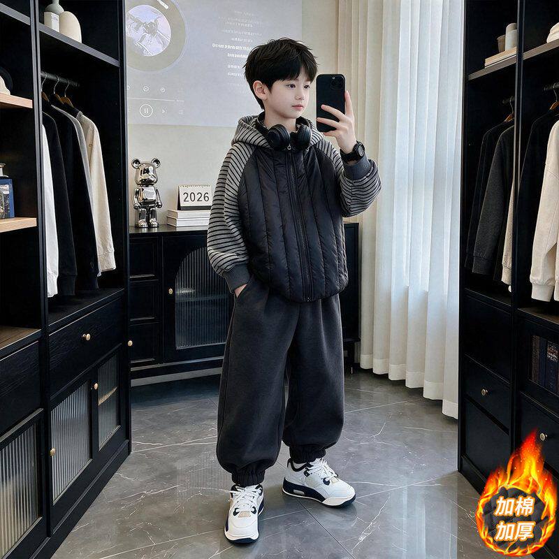男童冬装加绒套装秋冬款2026新款运动衣服男孩夹棉加厚大儿童