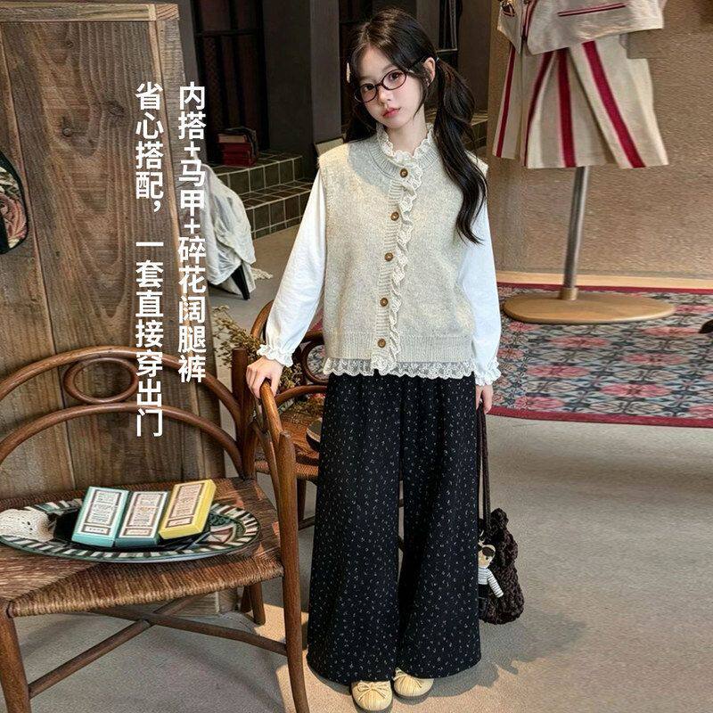 女童套装针织马甲秋冬新款森女系蕾丝花边背心马甲叠穿女童打底衫