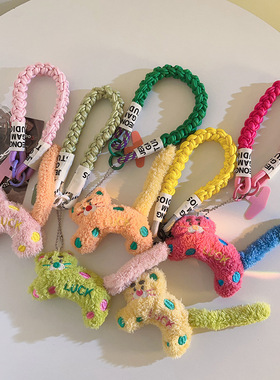 可爱呆萌橙色波点猫吊坠手机挂绳手提短款手腕带麻花绳手机壳通用