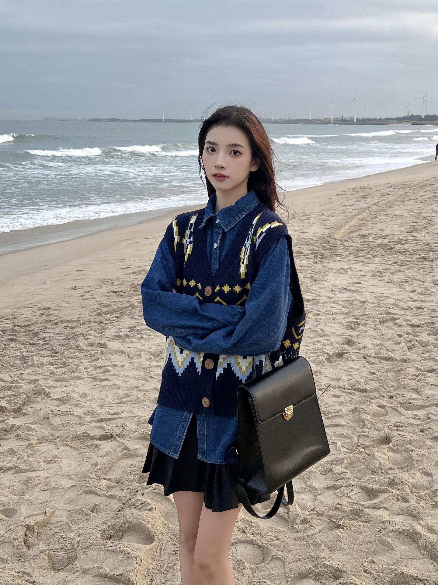 盐系轻熟风时尚女装套装2023春秋新款别致开衫马甲牛仔衬衫两件套