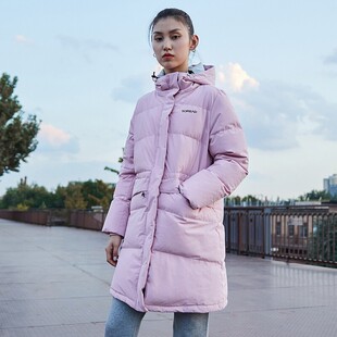 探路者羽绒服女 秋冬户外防风保暖连帽中长款鸭绒外套TADI92182