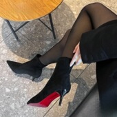 大姚 新年战靴 5.5cm红底尖头细跟瘦瘦靴绒面软底舒适高跟短靴