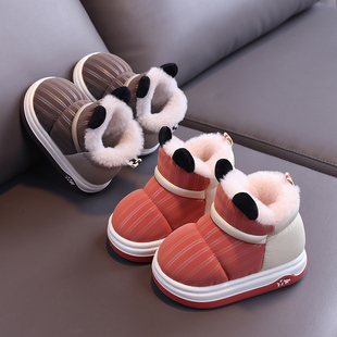 男宝宝棉拖鞋冬季室内儿童面包鞋女中大童PU皮面防水保暖高帮棉鞋