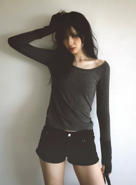 3.3 2026春季新款韩国设计师bad*lue休闲拼色露肩套指长袖T恤