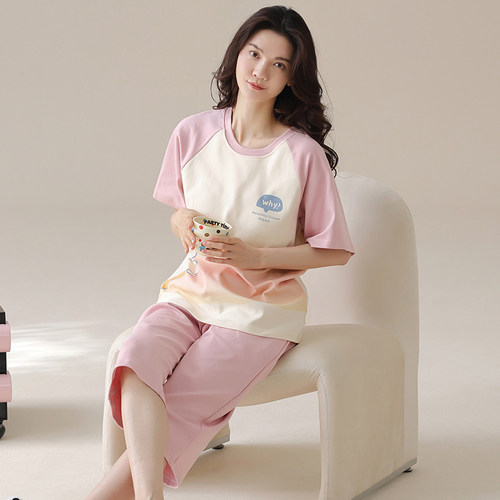 睡衣女夏款短袖纯棉家居服套装