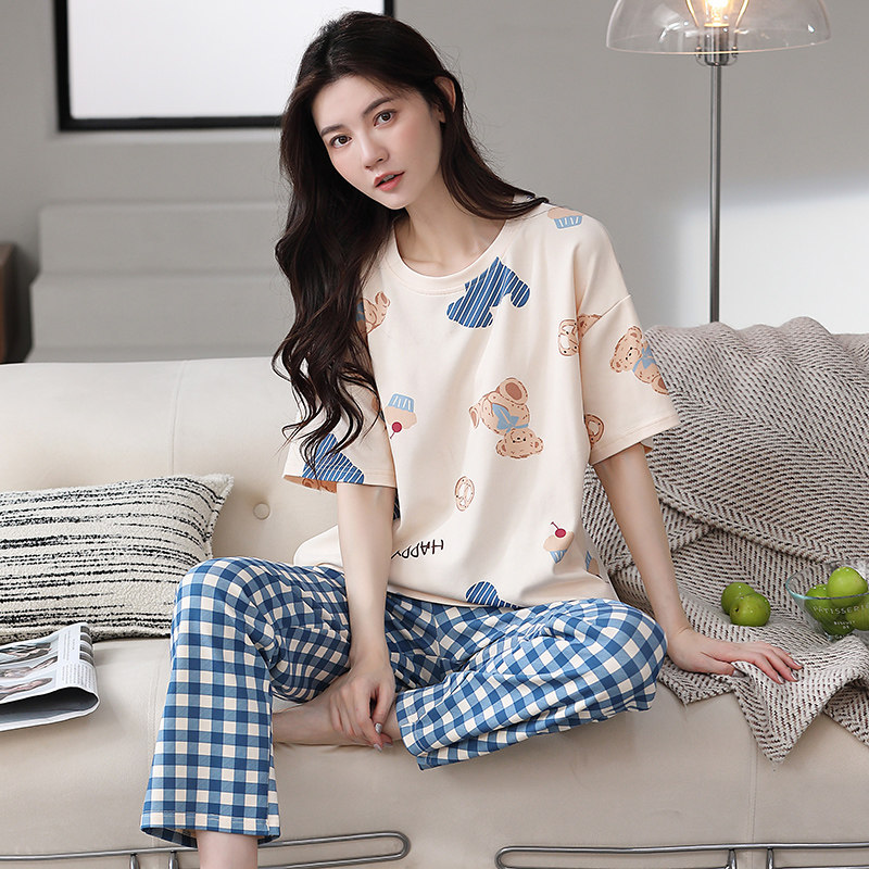 2024年新款纯棉睡衣女夏季短袖长裤圆领全棉春夏家居服可外穿套装,女士内衣/男士内衣/家居服,睡衣/家居服套装,淘宝优惠券,粉丝福利购,淘宝优惠卷
