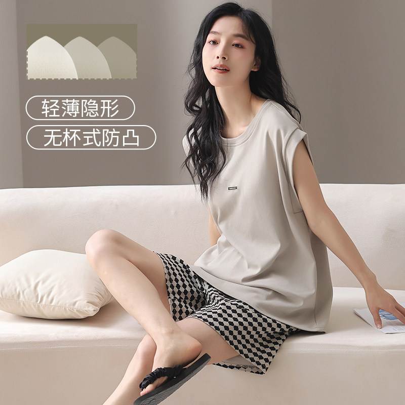 2025年新款睡衣女夏季纯棉无袖背心短裤时尚休闲带胸垫家居服套装,女士内衣/男士内衣/家居服,睡衣/家居服套装,淘宝优惠券,粉丝福利购,淘宝优惠卷