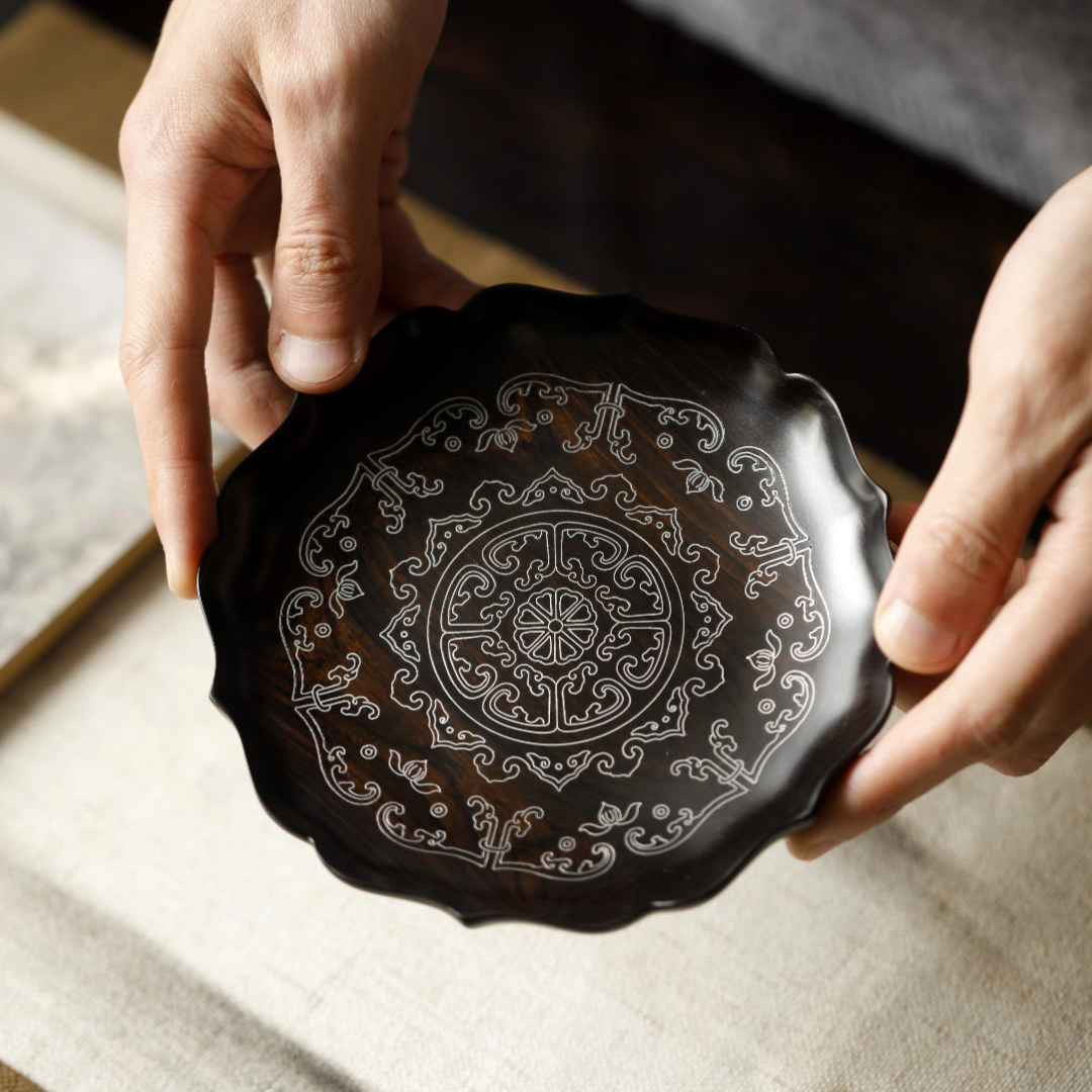 紫光檀实木纯银镶嵌干果盘红木复古点心盘中国风茶室糖果盘糕点盘