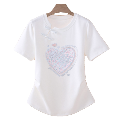 白色短袖t恤女新中式国风修身