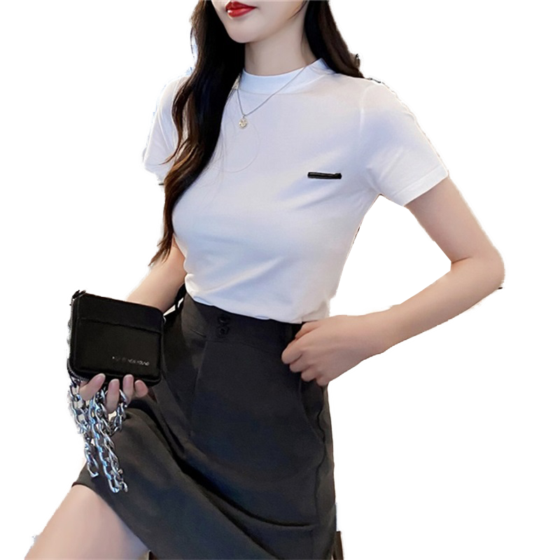 夏装短袖女t恤半高领修身白色