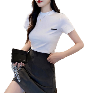 2025夏装新款半高领白色短袖t恤女修身韩版纯棉显瘦紧身上衣正肩