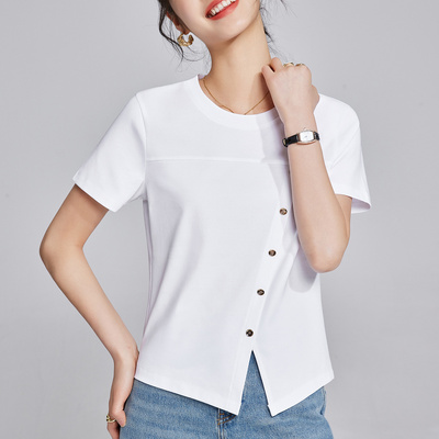 白色短袖t恤女圆领不规则修身