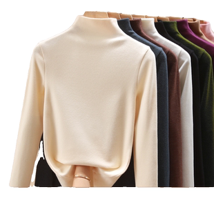 2025秋冬季半高领德绒打底衫女长袖t恤大码修身纯色内搭白色加绒