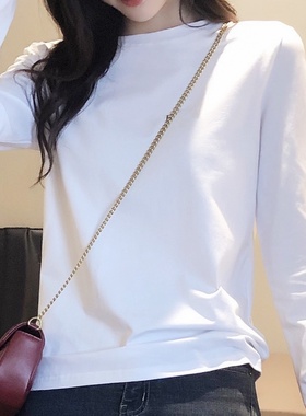 2025秋冬白色t恤女长袖纯色圆领大码纯棉修身显瘦加厚加绒打底衫