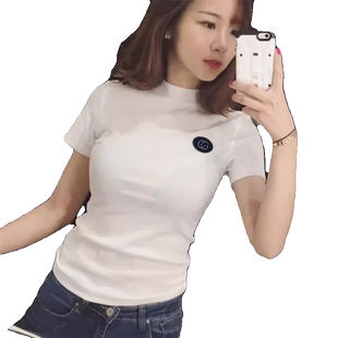 纯棉半高领白色短袖t恤女2025立领新款韩版紧身修身高领打底衫