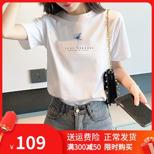 T恤女2023夏季 女纯棉体恤 字母印花宽松显瘦半袖 白色短袖 新款 韩版