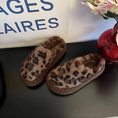 2025秋冬季网红豹纹时尚百搭毛毛拖鞋女外穿一字拖潮鞋厚底棉拖鞋
