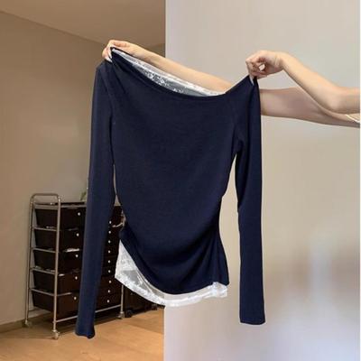 设计感蕾丝斜肩长袖t恤女春秋冬薄款露肩辣妹修身上衣内搭打底衫