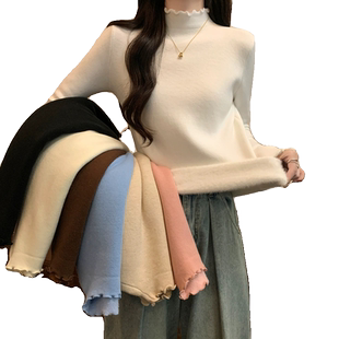 秋冬季加绒加厚保暖半高领针织衫上衣木耳边内搭长袖毛衣打底衫女