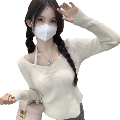 小个子短款v领水貂毛软糯毛衣女