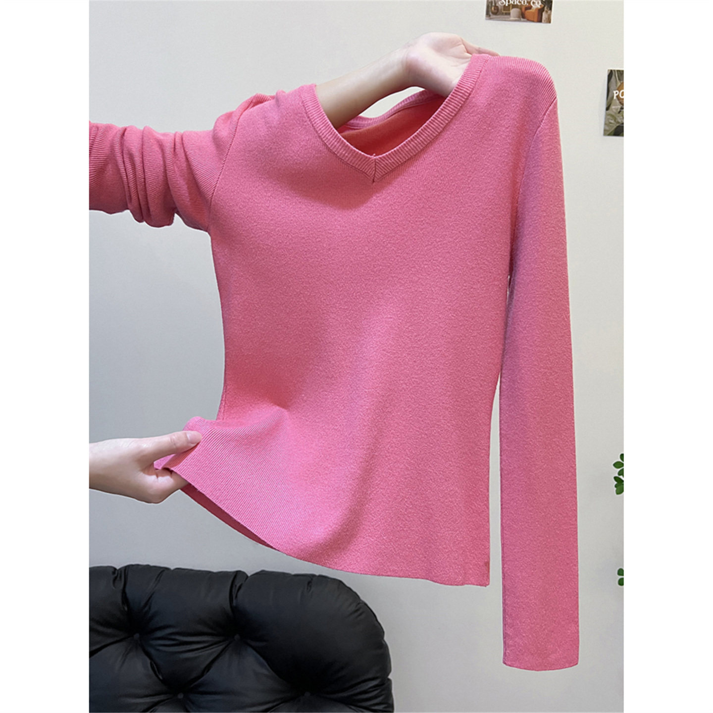 粉色针织衫女春秋冬薄款v领修身紧身长袖毛衣高级感内搭打底上衣