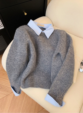 假两件衬衫领毛衣女秋冬新款内搭撞色翻领灰色长袖打底针织衫上衣