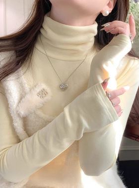 秋冬季高领百搭修身内搭打底衫上衣保暖内搭德绒奶黄色t恤女长袖