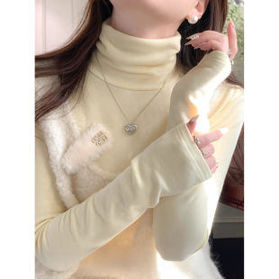 上衣保暖内搭德绒奶黄色t恤女长袖 内搭打底衫 高领百搭修身 秋冬季