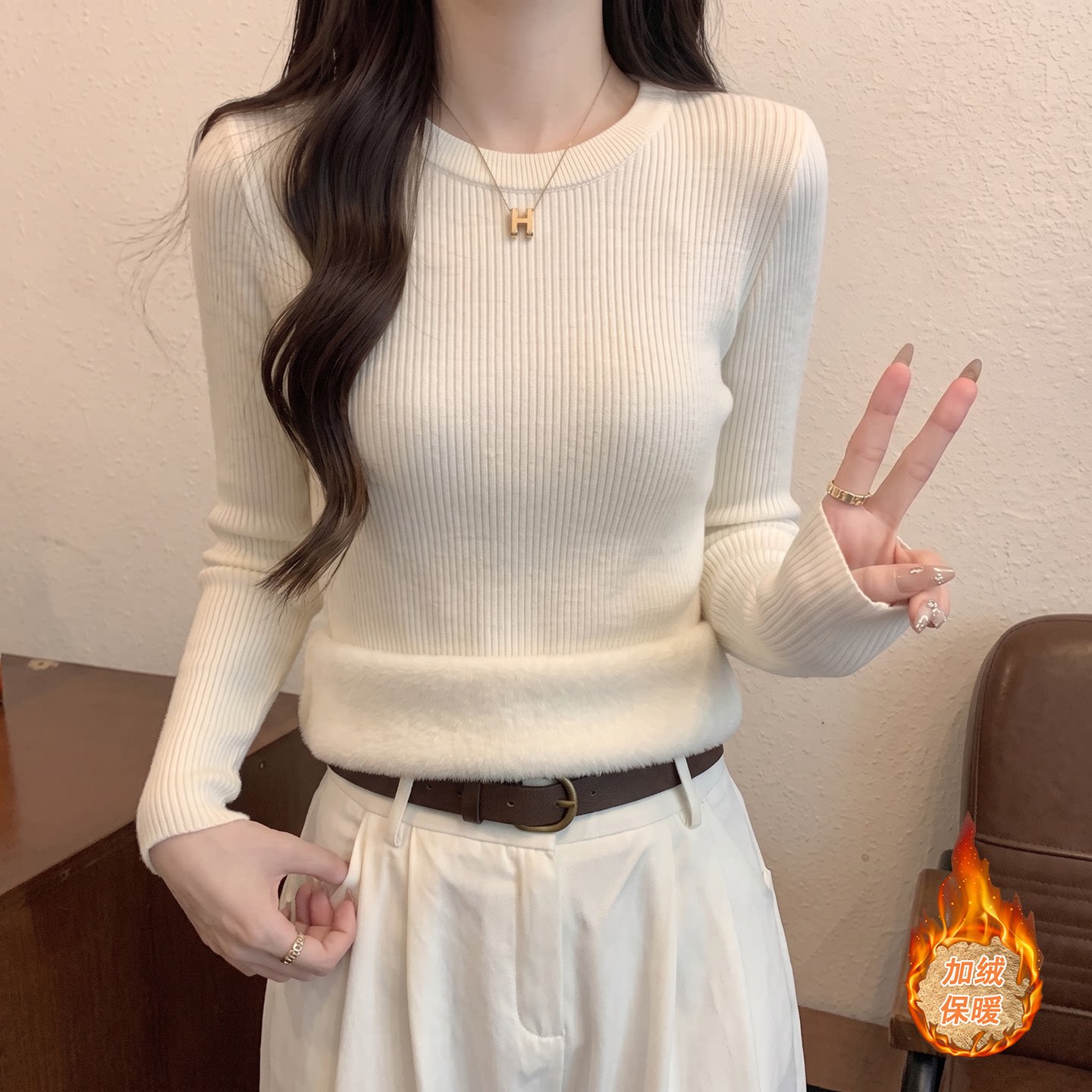 加厚一体绒内搭毛衣女秋冬季内搭圆领修身紧身长袖打底针织衫上衣