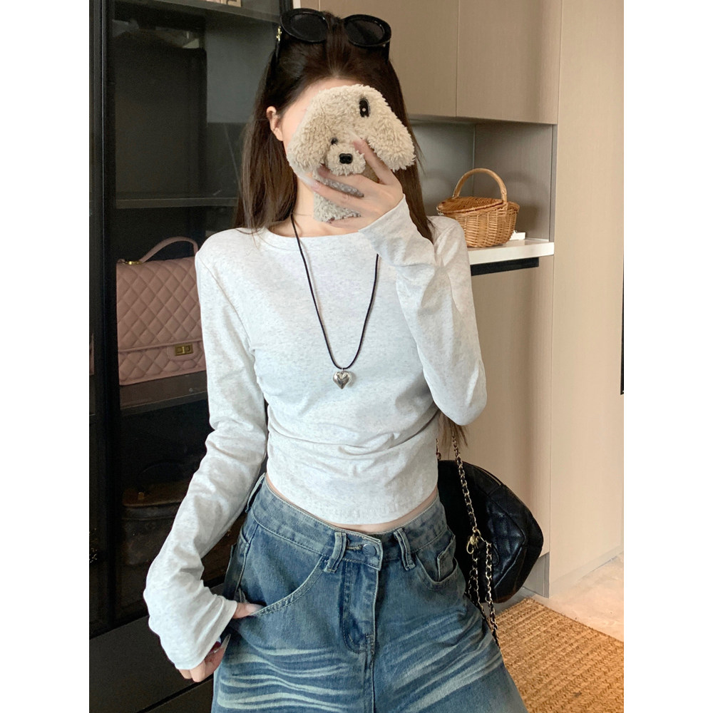 正肩灰色t恤女长袖早秋穿搭韩系辣妹修身紧身短款内搭打底衫上衣,女装/女士精品,T恤,淘宝优惠券,粉丝福利购,淘宝优惠卷