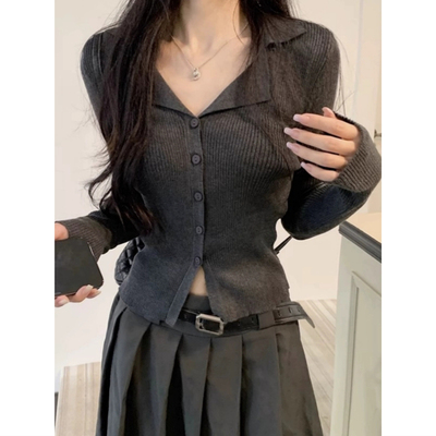 法式polo翻领外搭开衫长袖针织衫女秋冬季修身内搭毛衣打底衫上衣