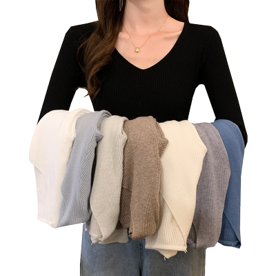 女士春秋冬内搭低领长袖v领毛衣