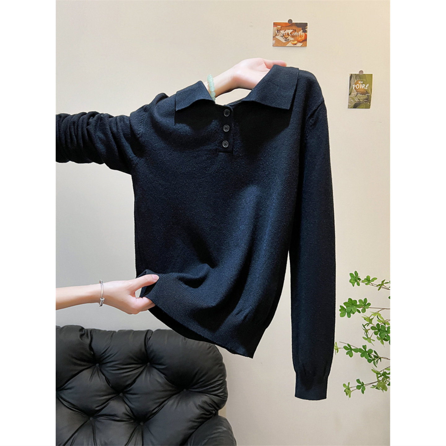 Polo领宽松显瘦黑色设计感小众毛衣女秋冬外穿内搭长袖针织衫上衣