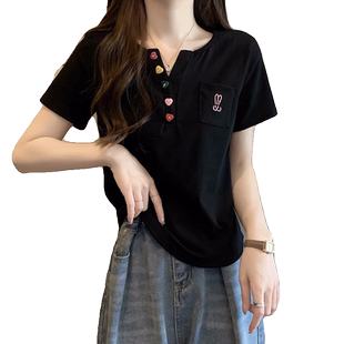 正肩黑色t恤女短袖夏季宽松显瘦设计感小众短款小个子辣妹上衣潮