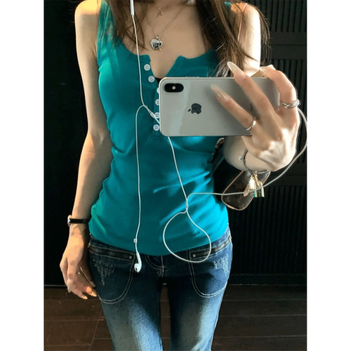 韩系bm风六粒扣孔雀蓝吊带背心女夏内搭外穿修身显瘦无袖辣妹上衣