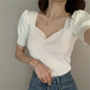 法式 女短袖 夏季 方领港味chic冰丝针织衫 t恤上衣服 百搭修身 打底衫