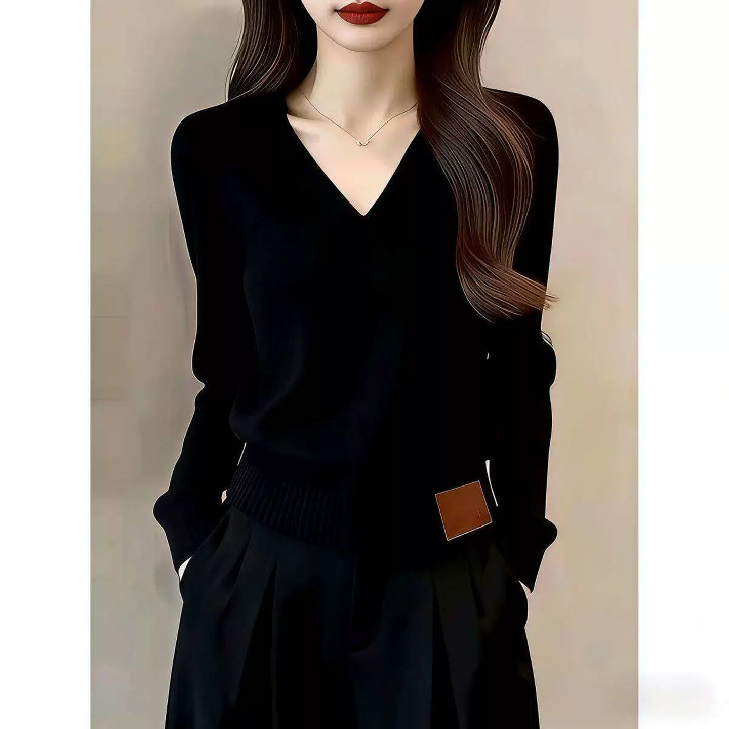 气质v领修身显瘦内搭毛衣女秋冬修身短款黑色长袖打底针织衫上衣