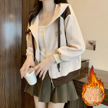 加绒加厚卫衣女秋冬季新款欧货重工小个子短款连帽开衫棒球服外套