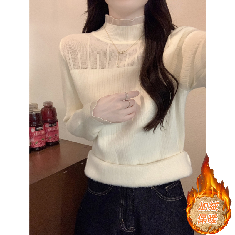 秋冬设计感小众别致长袖打底针织衫上衣保暖加厚一体绒毛衣女内搭