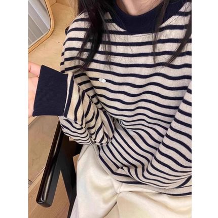 美式复古条纹毛衣女秋冬新款慵懒宽松外穿圆领长袖打底针织衫上衣