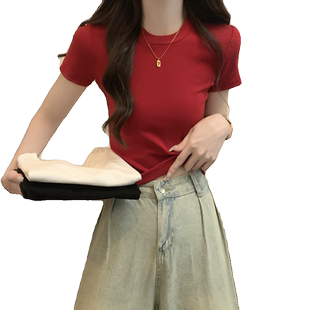 正肩红色t恤女短袖夏季圆领修身显瘦小个子短款纯欲甜辣上衣小衫