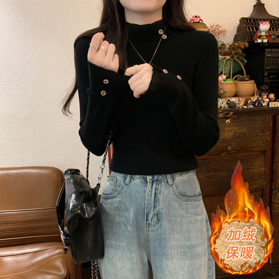 秋冬新款蕾丝半高领长袖打底针织衫上衣设计感小众黑色毛衣女内搭